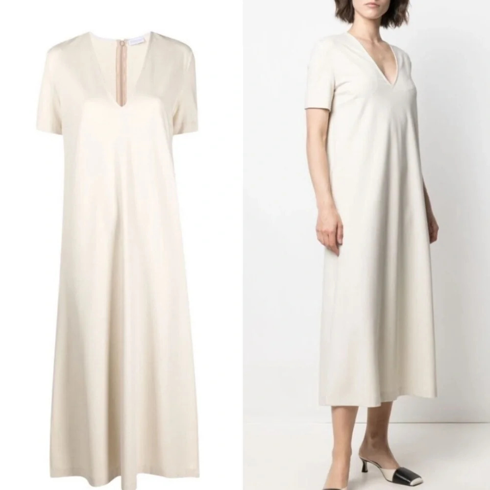Harris Wharf London - V-neck Ivory Midi Dress